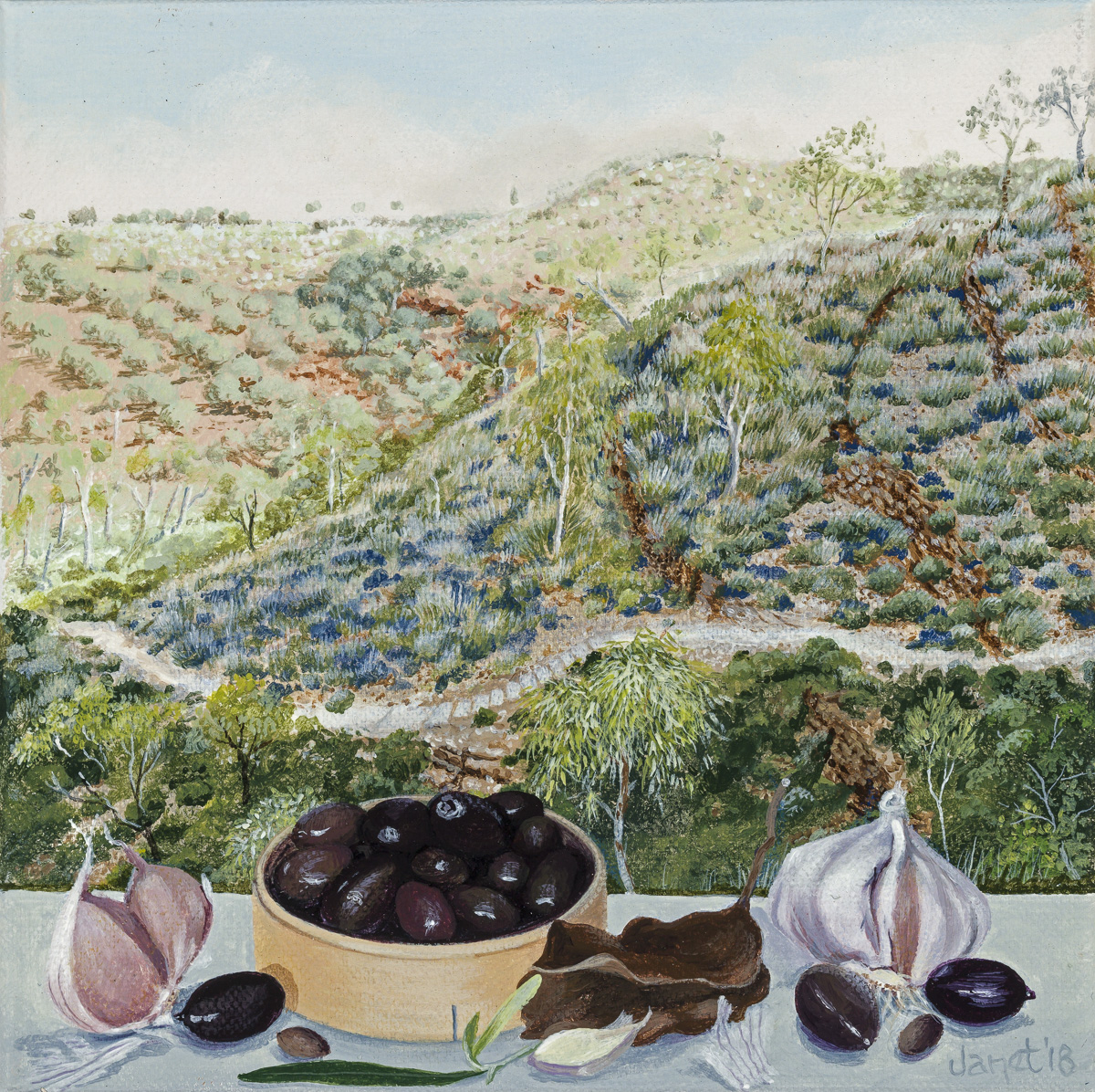 Still Life with Olives and Garlic, Kwartatuma.(Ormiston Gorge.).15 x 15cm. synthetic polymer on canvas. Janet Green 2018